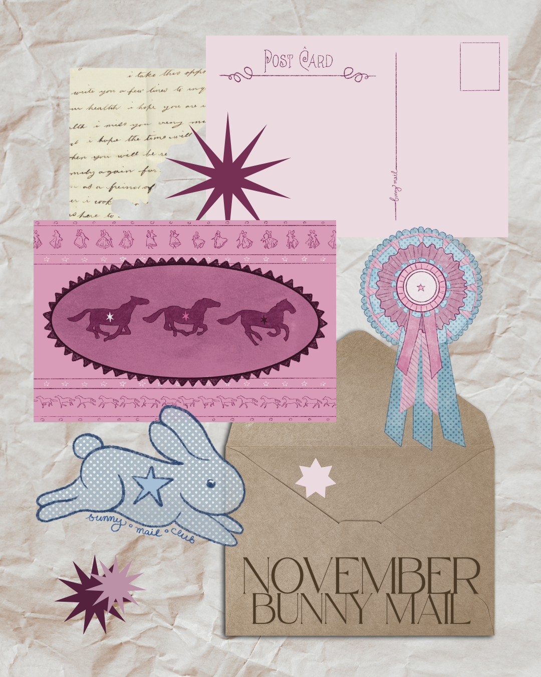 Bunny Mail Club November envelope with original art print and stickers
