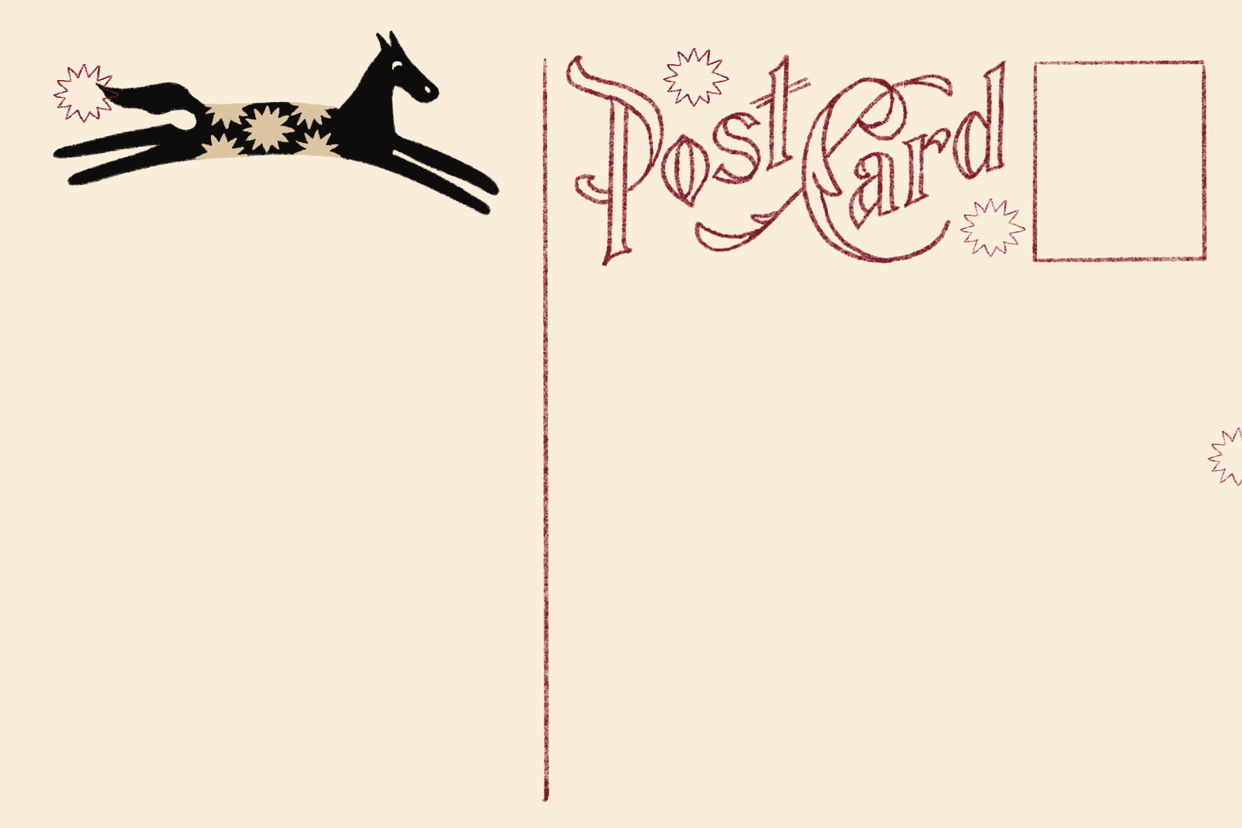 Vintage-style postcard with a black horse illustration on a beige background